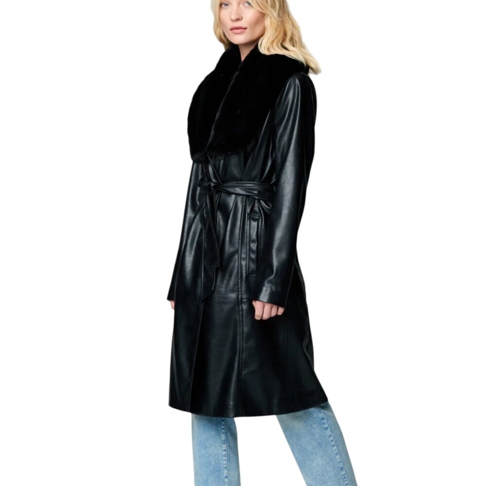 NEW BLANK NYC Vegan Leather Trench Coat Large Black Shawl Faux Fur Collar